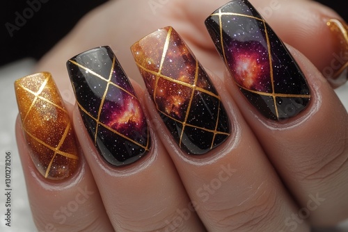 A person holds a matching black and gold manicure, featuring detailed nail art