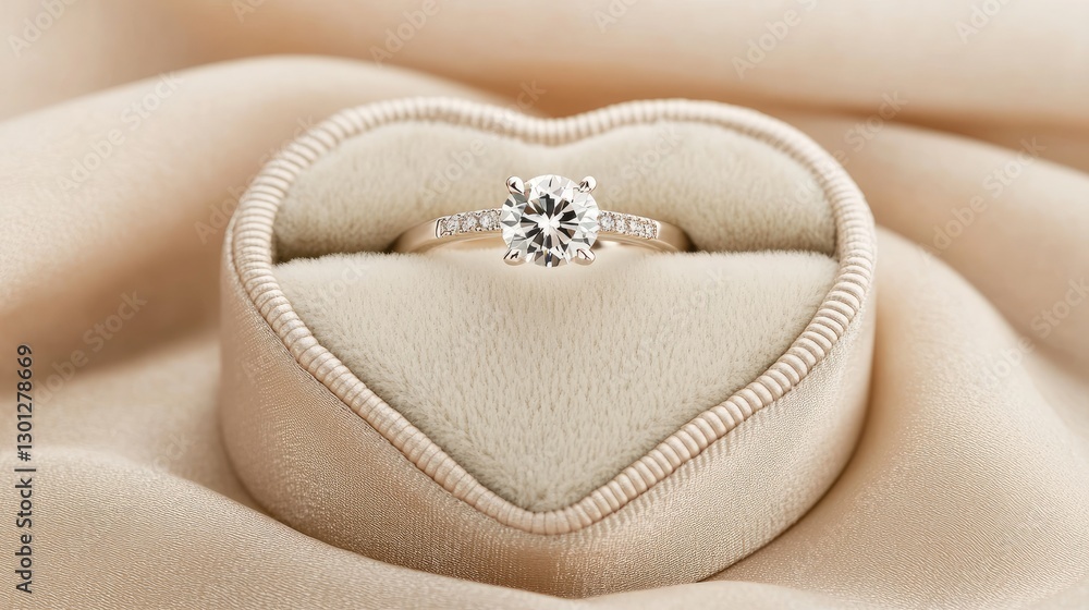 Obraz premium A delicate heart-shaped ring box with a solitaire diamond ring on a soft beige backdrop.