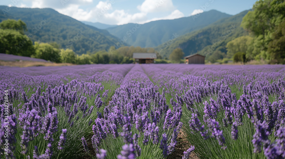 Vibrant lavender blooms create a stunning carpet of purple beneath a bright sky. Distant mountains provide a majestic backdrop, enhancing the tranquil beauty of this rural landscape Vibrant lavender blooms create a stunning carpet of purple beneath a bright sky. Distant mountains provide a majestic backdrop, enhancing the tranquil beauty of this rural landscape