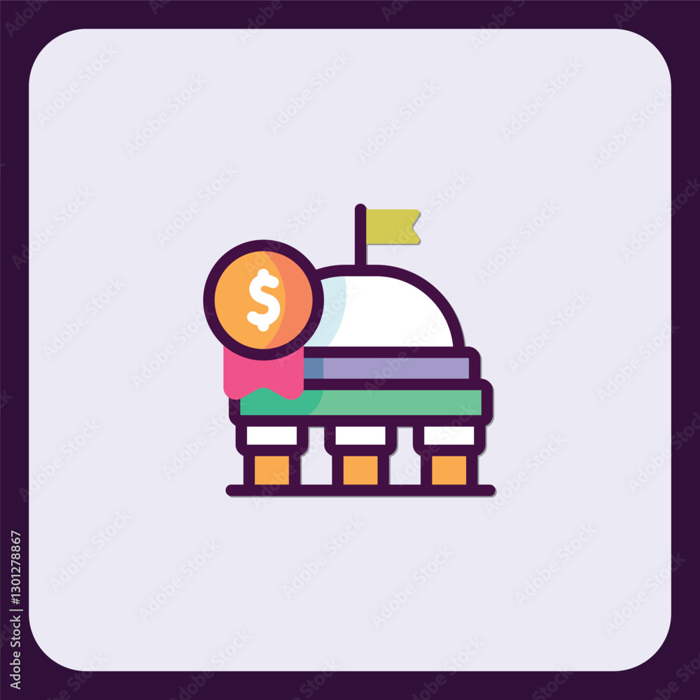 Obraz premium Stylized bank building illustration with dollar coin and tiny flag element