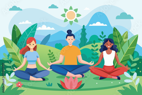 Three people engaged in meditation outdoors, surrounded by vibrant greenery and mountains in daylight, Organic flat people meditating