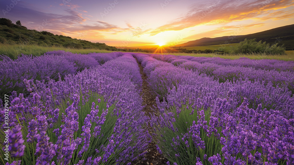 Naklejka premium A vast expanse of lavender stretches across the landscape as the sun sets, casting warm hues over the fields. Gentle breezes carry the sweet scent, inviting serenity and peace at dusk