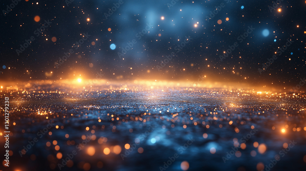 Obraz premium A stunning display of shimmering lights and colors creates a mesmerizing atmosphere, where golden and azure sparks blend seamlessly across a reflective surface, evoking a sense of wonder