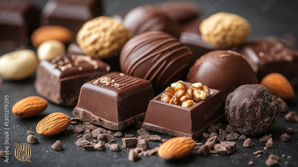 A tempting array of handcrafted chocolates and assorted nuts is artfully arranged on a dark surface. Each piece showcases unique textures and flavors, inviting delightful tasting experiences A tempting array of handcrafted chocolates and assorted nuts is artfully arranged on a dark surface. Each piece showcases unique textures and flavors, inviting delightful tasting experiences
