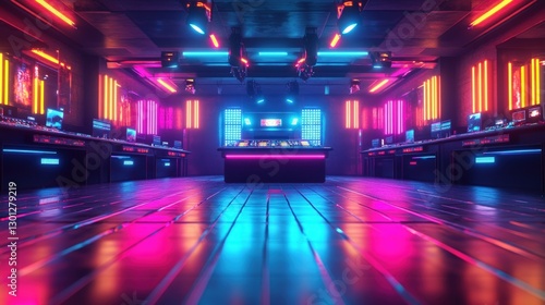 Futuristic cyberpunk interior with neon lights, reflecting on the wooden floor.