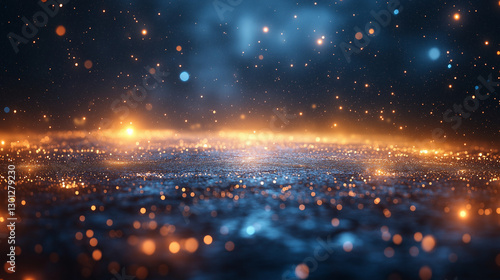 A stunning display of shimmering lights and colors creates a mesmerizing atmosphere, where golden and azure sparks blend seamlessly across a reflective surface, evoking a sense of wonder