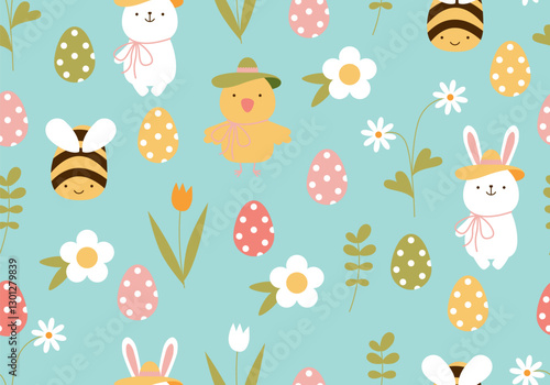 Seamless Easter Egg Pattern Background Design. Easter eggs, chicken, bee, rabbit and flowers. Spring holiday texture. Easter cute pattern