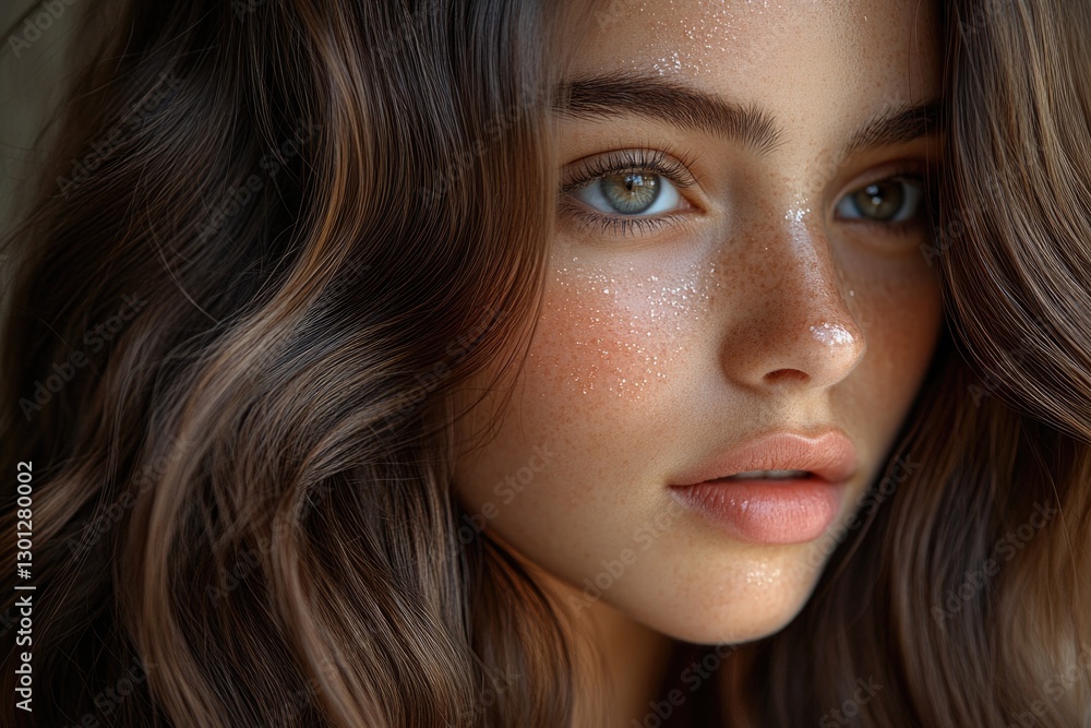 Close-up portrait of a woman with distinctive freckles on her face Close-up portrait of a woman with distinctive freckles on her face