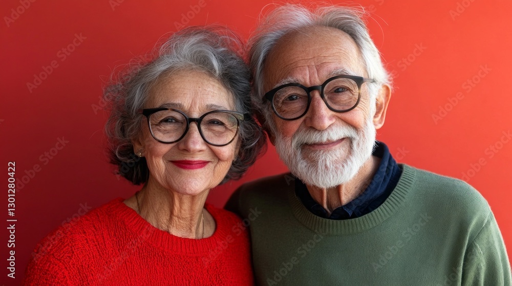 An elderly couple with glasses stands close together, smiling with joy against a striking red background. Their warm expressions convey happiness and companionship in this colorful setting An elderly couple with glasses stands close together, smiling with joy against a striking red background. Their warm expressions convey happiness and companionship in this colorful setting