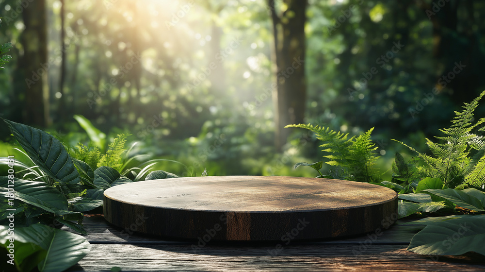 A wooden platform sits nestled among lush ferns and greenery, illuminated by soft morning light filtering through the trees, inviting moments of serenity and creativity A wooden platform sits nestled among lush ferns and greenery, illuminated by soft morning light filtering through the trees, inviting moments of serenity and creativity