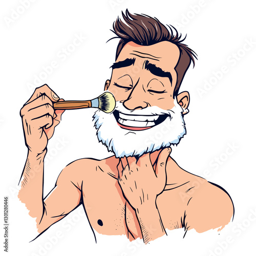 Smiling man applying shaving cream on beard with brush