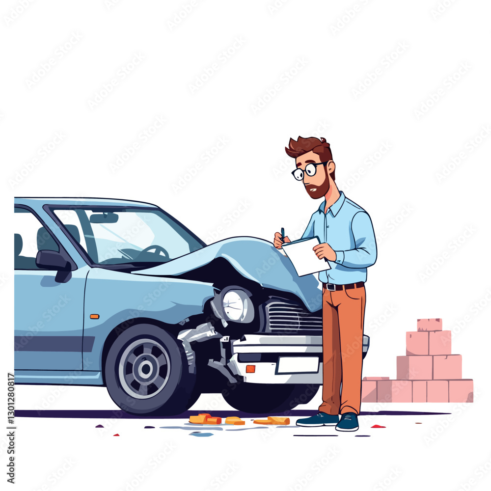 Insurance agent evaluating damaged car after accident Insurance agent evaluating damaged car after accident