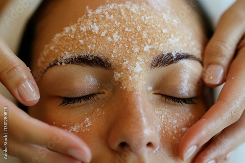 Facial Salt Scrub Treatment Close Up - Relaxing spa treatment, skincare ritual, exfoliation process, facial rejuvenation, beauty enhancement