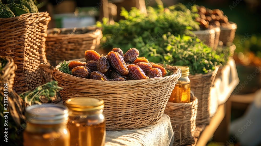 A seasonal outdoor farm market scene with baskets of dates next to other local produce like honey jars and fresh herbs under golden sunlight.