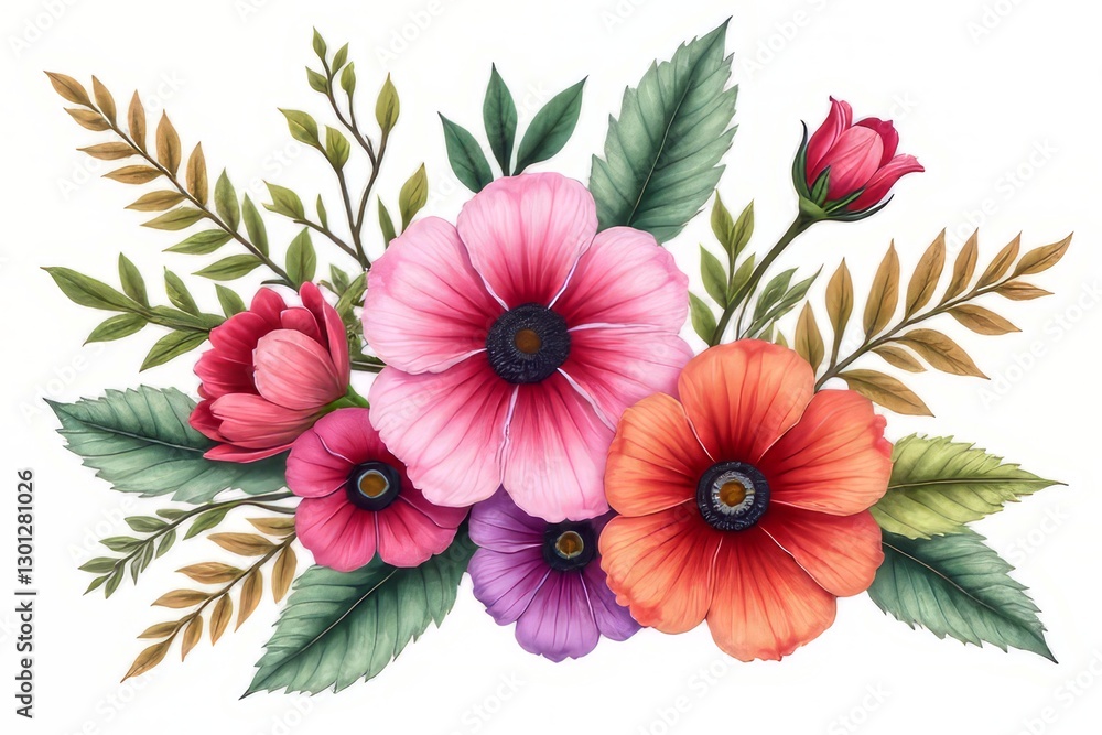 Obraz premium Beautiful Floral Arrangement with Pink, Purple, and Orange Flowers and Leaves