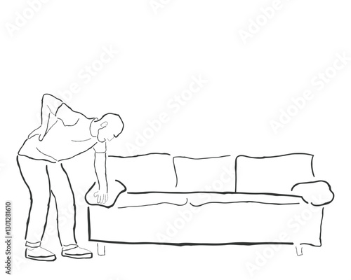 hand drawn line art vector of a man leaning against a sofa at home. Back pain concept. Chronic Fatigue syndrome. Discomfort, sprain, health problem or exercise cramps
