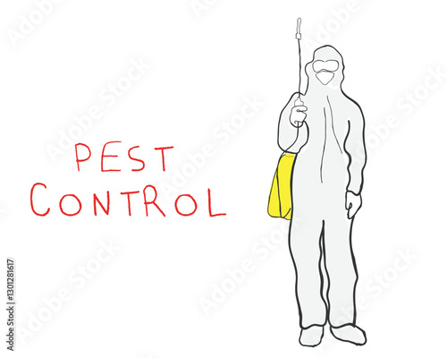 Hand drawn line art vector of a handyman. Pest Control Services poster.Hand drawn line art vector of a Professional Pest Control Exterminator. Pest Control service handyman working to remove cockroach