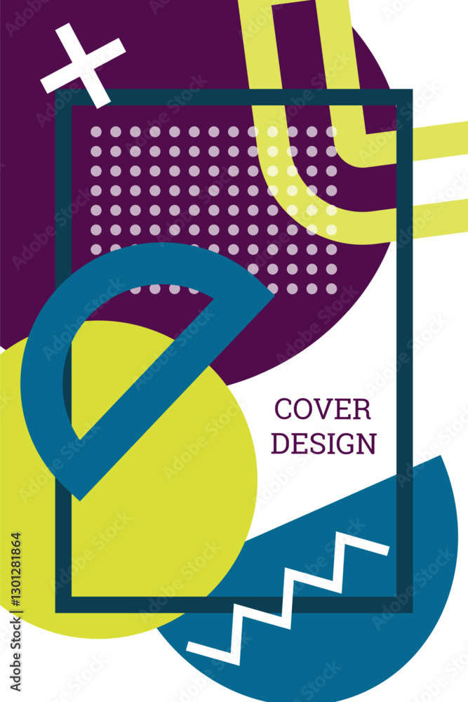 Obraz premium Bright background in Memphis style. Geometric cover design. Fashionable bright cover, banner, poster, booklet. Bright colors. Vector