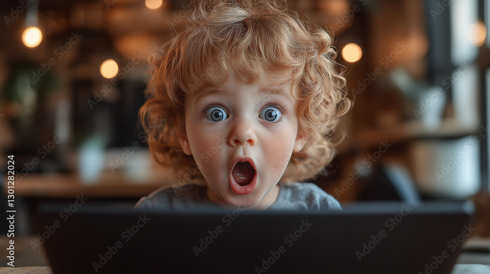 A small child with curly hair shows surprise and delight while gazing at a laptop screen in a warm, inviting cafe filled with soft lighting and rustic decor A small child with curly hair shows surprise and delight while gazing at a laptop screen in a warm, inviting cafe filled with soft lighting and rustic decor
