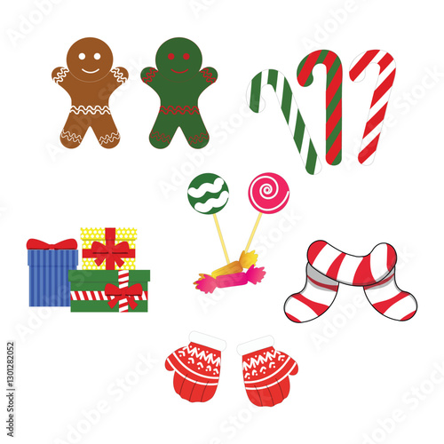 Christmas Candy and Gift Elements Set  Gingerbread, Candy Canes, Mittens and Holiday Sweets Illustration