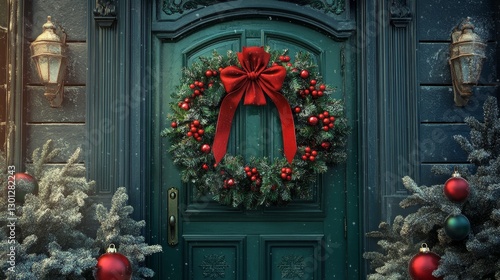 Festive Christmas Door Wreath - A beautiful Christmas wreath adorns a dark green door, surrounded by snow-dusted evergreen branches and ornaments. Perfect for holiday greetings photo