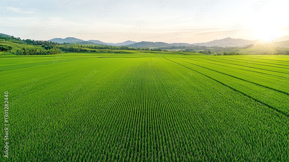 Fototapeta premium Aerial view of serene green field at sunrise with distant hills, showcasing natural beauty and agricultural tranquility.