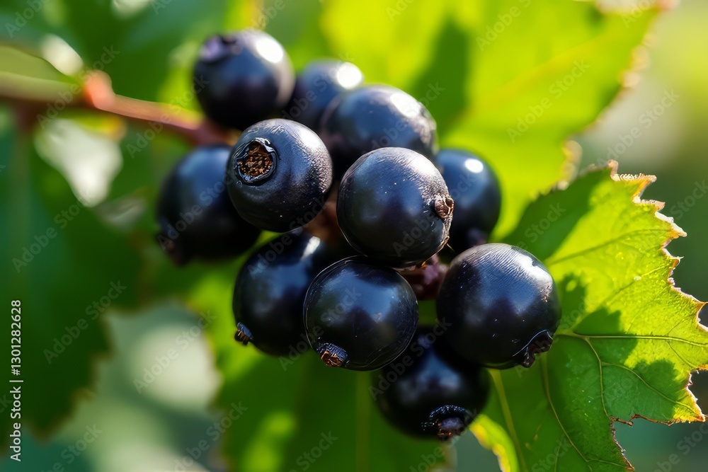 Close-up of Fresh Dark Berries on Branch with Leaves Close-up of Fresh Dark Berries on Branch with Leaves