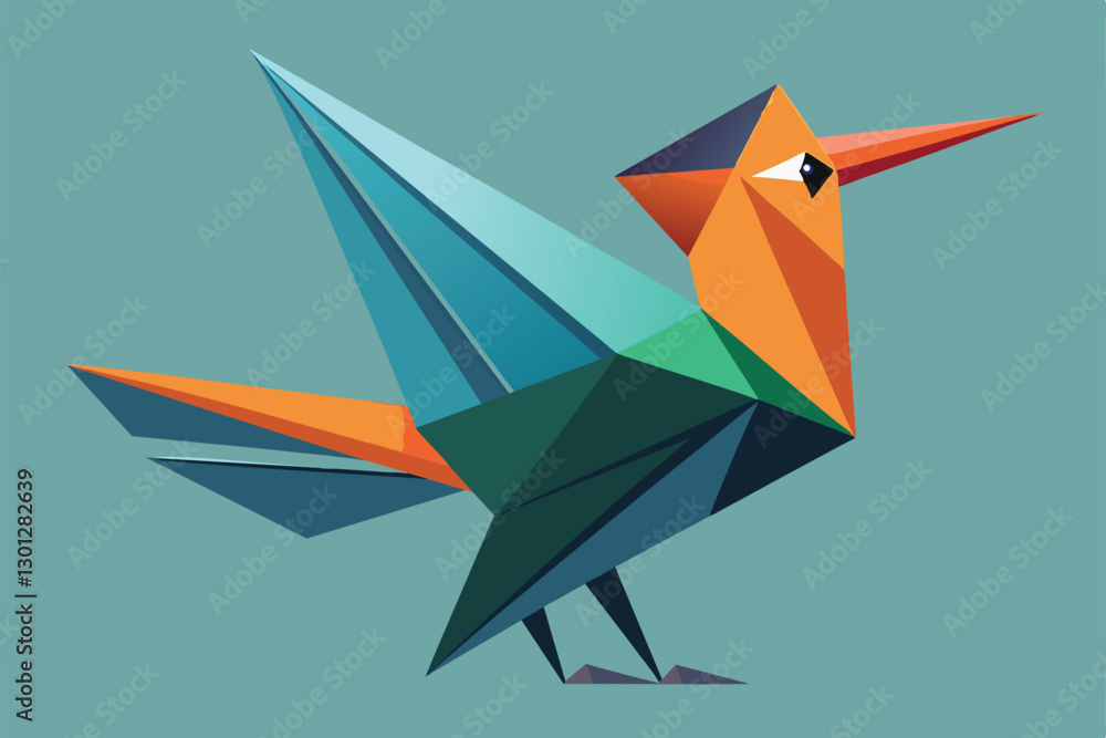 Naklejka premium A colorful origami bird stands on a blue surface, showcasing its unique geometric features and design, Origami bird Customizable Cartoon Illustration