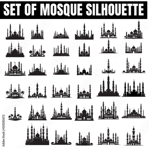 Set of Vector illustration of a Muslim Mosque Silhouette, Mosque Minar set.