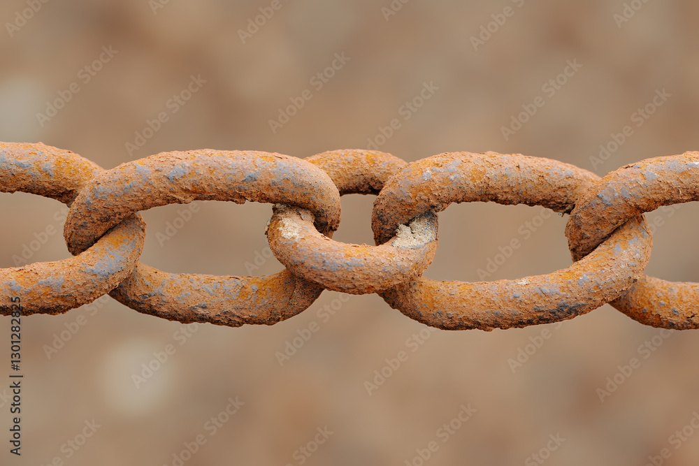 Rusted metal chain with interlocking links, weathered and orange-brown in color, against a blurred, light brown background. Close-up shot. Rusted metal chain with interlocking links, weathered and orange-brown in color, against a blurred, light brown background. Close-up shot.