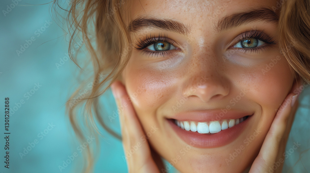 A young woman with flowing golden curls and sparkling blue eyes beams with happiness, her hands gently framing her radiant face against a soft, tranquil backdrop A young woman with flowing golden curls and sparkling blue eyes beams with happiness, her hands gently framing her radiant face against a soft, tranquil backdrop