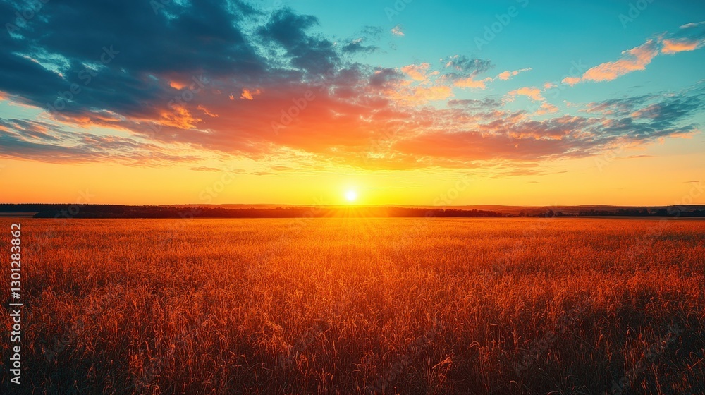 A breathtaking sunset over a golden field of wheat, with a vibrant sky filled with hues of orange, pink, and blue. A breathtaking sunset over a golden field of wheat, with a vibrant sky filled with hues of orange, pink, and blue.