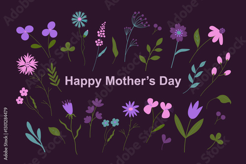 Web Card for Happy Mother's Day in trends colours for text. Banner with field of blooming flowers for congratulations on the international Mom holiday. For postcards, printing products, print, paper