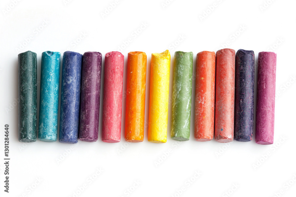 A row of vibrant crayons on a white background, A row of vibrant crayons on a white background,