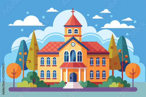 The vibrant orphanage stands tall with a clock tower and colorful trees under a sunny sky, Orphanage Customizable Flat Illustration