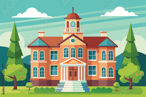 A charming orphanage stands prominently with trees around it beneath a bright, sunny sky, Orphanage Customizable Semi Flat Illustration