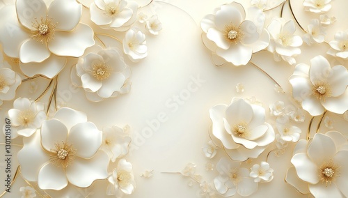 Elegant white flowers with gold accents on a cream background.