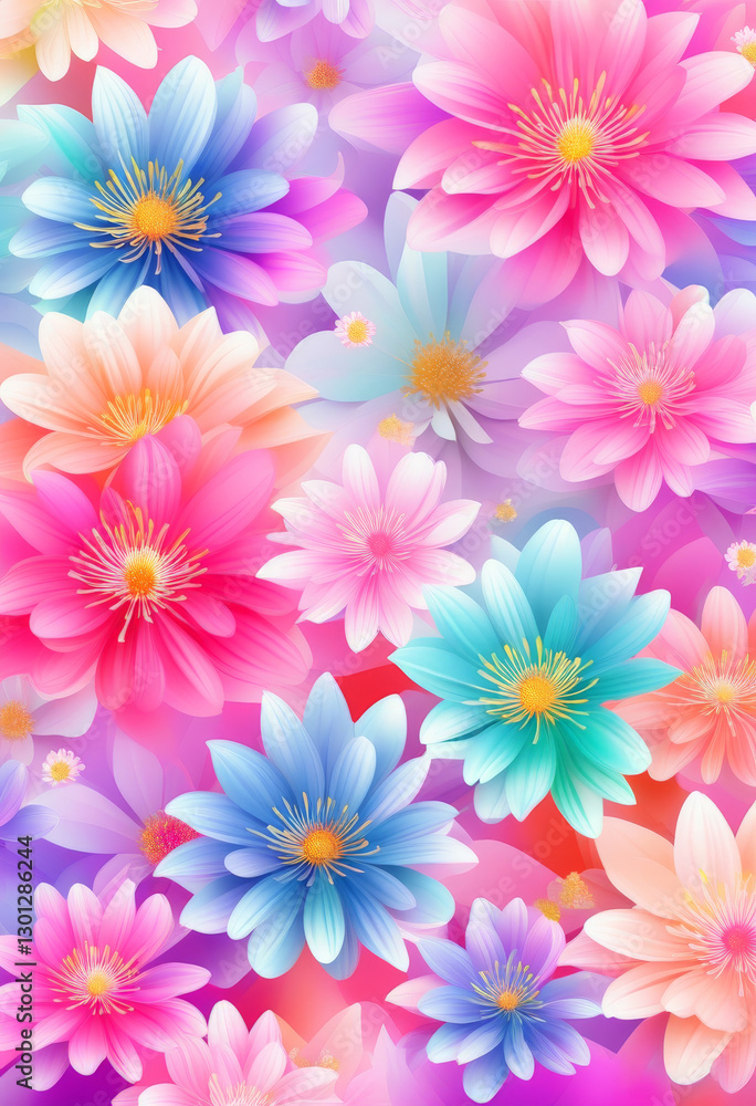 Ein farbenfrohes Blumenmuster mit sanften, leuchtenden Blüten in Rosa, Lila, Blau und Weiß. Die weiche Unschärfe verleiht dem Bild eine traumhafte Ästhetik. Generative KI. Ein farbenfrohes Blumenmuster mit sanften, leuchtenden Blüten in Rosa, Lila, Blau und Weiß. Die weiche Unschärfe verleiht dem Bild eine traumhafte Ästhetik. Generative KI.