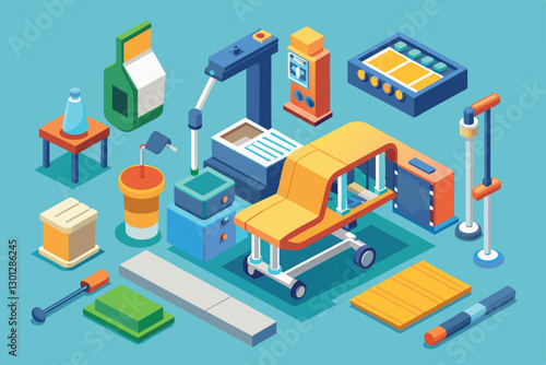 Various orthopedic tools and equipment are arranged for customizable isometric exercises in a therapy area, Orthopedic Customizable Isometric Illustration