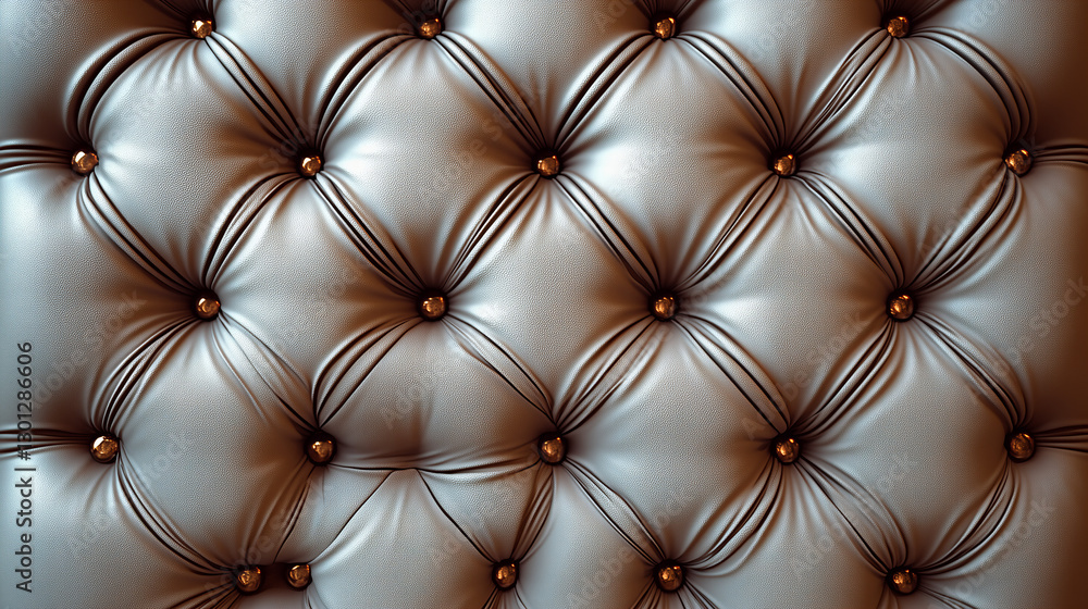 Fototapeta premium Close Up of Beige Leather Upholstery with Button Tufting Detailing a Classic Decorative Surface in an Elegant Luxurious Brown Tone