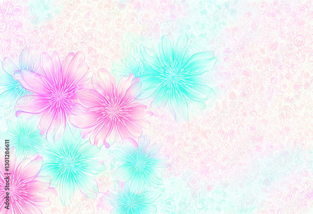 Ein traumhaftes, florales Muster in sanften Pastelltönen mit rosa und türkisfarbenen Blüten. Die weiche Farbverläufe verleihen eine harmonische, zarte Ästhetik. Generative KI. Ein traumhaftes, florales Muster in sanften Pastelltönen mit rosa und türkisfarbenen Blüten. Die weiche Farbverläufe verleihen eine harmonische, zarte Ästhetik. Generative KI.