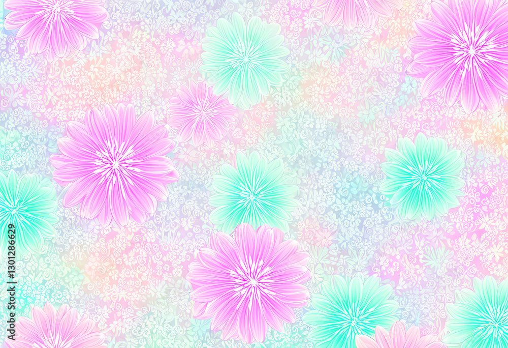 Ein traumhaftes, florales Muster in sanften Pastelltönen mit rosa und türkisfarbenen Blüten. Die weiche Farbverläufe verleihen eine harmonische, zarte Ästhetik. Generative KI. Ein traumhaftes, florales Muster in sanften Pastelltönen mit rosa und türkisfarbenen Blüten. Die weiche Farbverläufe verleihen eine harmonische, zarte Ästhetik. Generative KI.