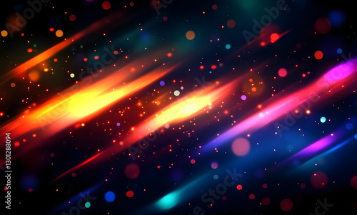 Colorful glow sparks of light texture. Orange red rays on dark blue abstract layer black background .Crystal flare abstract effect. Holographic sunlight reflection wallpaper, colorful glare bokeh.