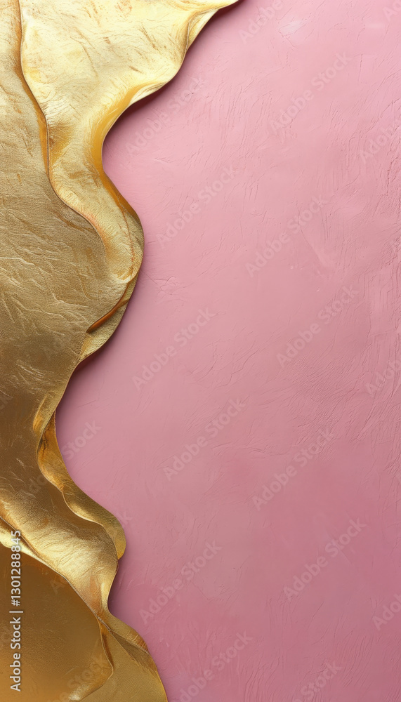 Naklejka premium Eine abstrakte Komposition mit goldener, strukturierter Folie, die unregelmäßig einen rosa Hintergrund umrahmt. Edler, luxuriöser Look mit moderner Ästhetik. Generative KI.