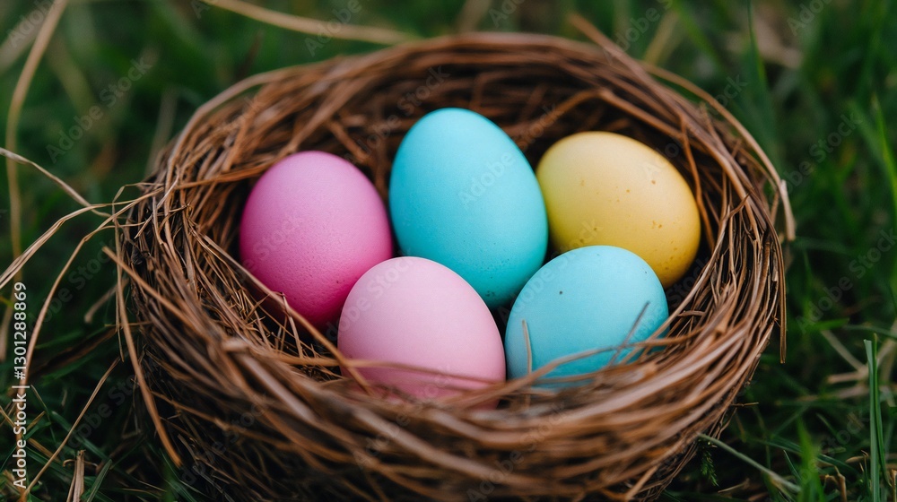 Obraz premium Easter Holiday, Easter Concept, Colorful Easter Eggs in a Bird s Nest on Grass Spring Holiday Symbol