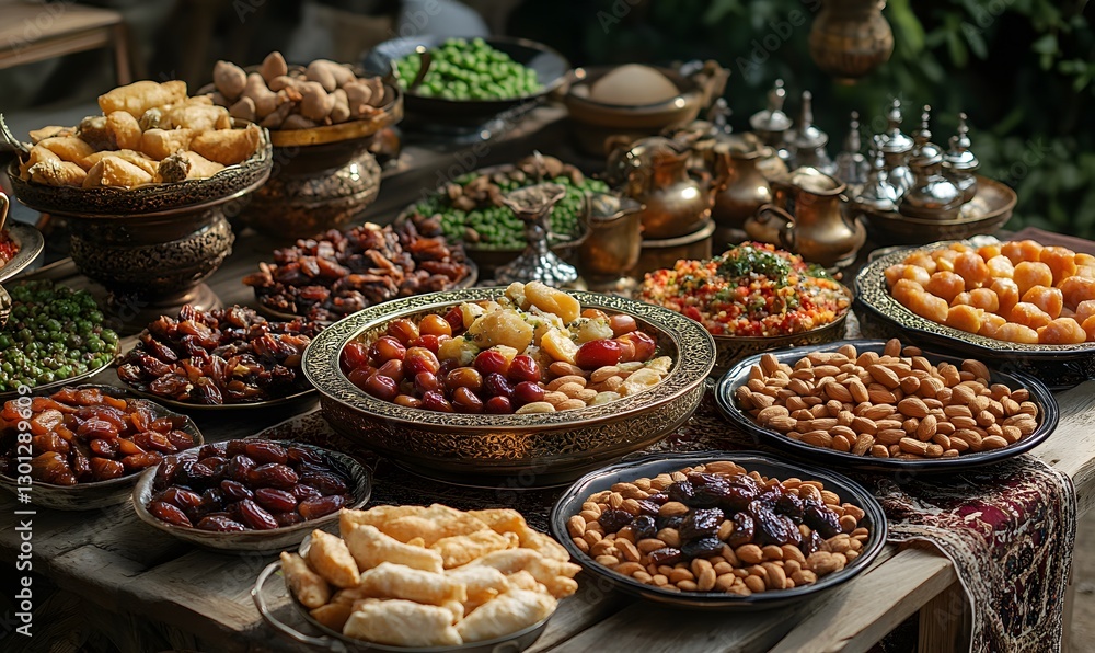 Abundance of Traditional Middle Eastern Treats Displayed on a Rustic Table Abundance of Traditional Middle Eastern Treats Displayed on a Rustic Table