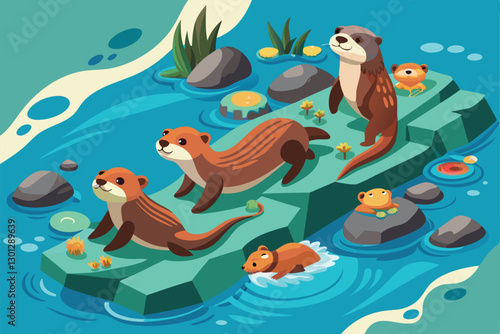 A group of playful otters swims and relaxes in a vibrant, detailed aquatic environment, Otters swimming Customizable Isometric Illustration