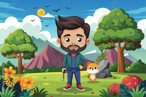 A cartoon character stands confidently in a lush outdoor setting with mountains and a small animal nearby, Outdoor photoshoot Customizable Cartoon Illustration