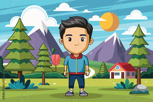 A young boy stands smiling in a vibrant outdoor setting with mountains, trees, and a bright sun, Outdoor photoshoot Customizable Cartoon Illustration