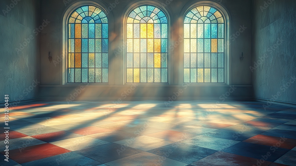 Blurred overlay effect for photo and mockups with an organic drop diagonal shadow of an art deco stained glass window on a white wall.